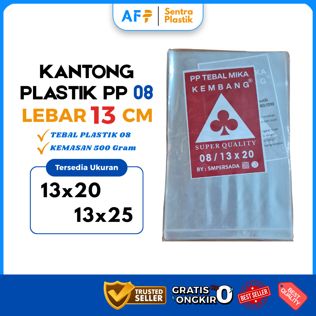 Plastik PP Tebal 08 Lebar 13 cm Ukuran 13x20 dan 13x25