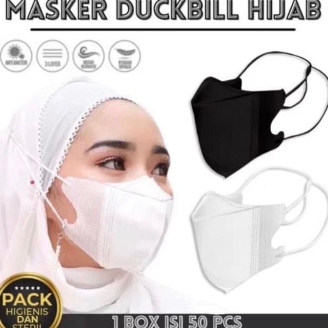 Masker Duckbill Garis Hijab Sensi, Isi 50pcs - Tali Tebal