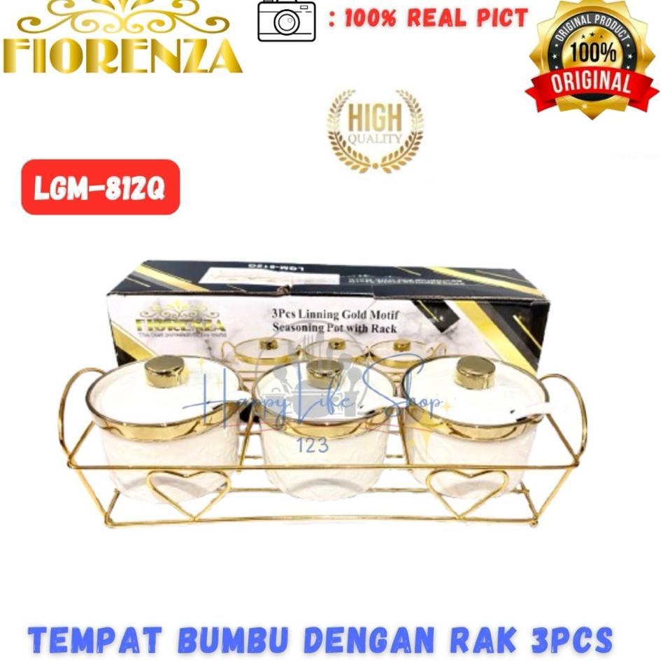 Fiorenza Tempat Bumbu Keramik Dengan Rak / 3Pcs Tempat Bumbu Keramik