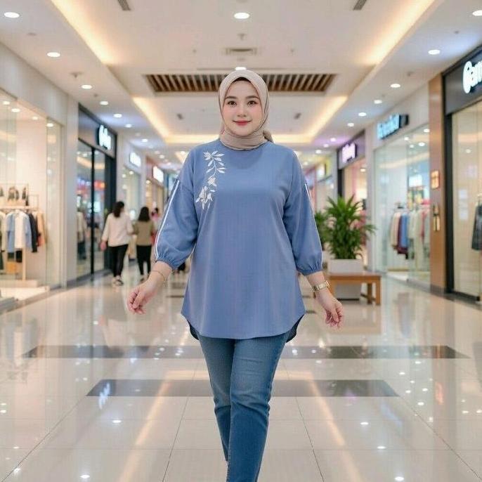 Kaos Wanita Lengan Kerut Oversize Gambar Bordir Bawahan Oval Atasan Wanita Jumbo Size Fashionable