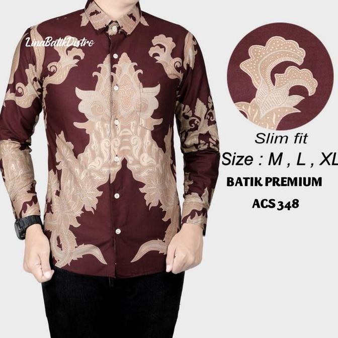 KEMEJA BATIK PRIA SLIM FIT MERAH / BAJU BATIK PRIA MERAH IMLEK LB586