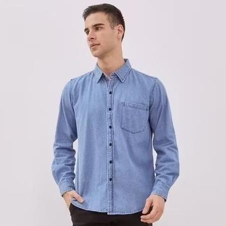 Free Ongkir Hillboss Kemeja Jeans Lengan Panjang Pria Biru Tua Casie  - Casual Denim Shirt Old Navy 
