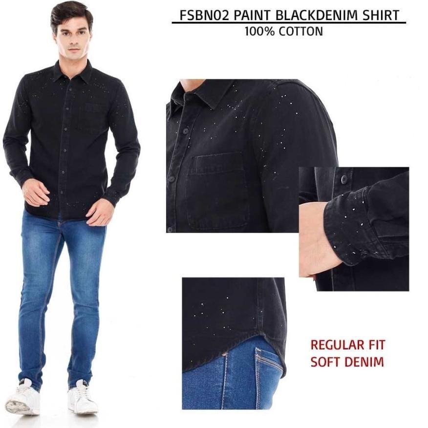 Diskon Fsbn Black Paint Denim Shirts Original - Kemeja Jeans Pria Branded