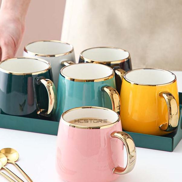 Gelas Kopi Teh Keramik List Gold Sultan Mewah Tahan Panas Microwavesafe