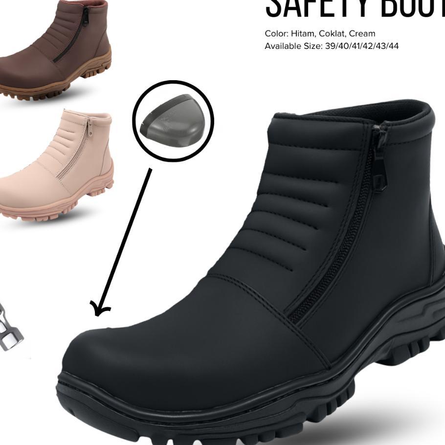 Sepatu Safety Pria Boots Strut Resleting Hitam Coklat Cream - Shoes Men'S Boot Septy Ujung Besi Kerj