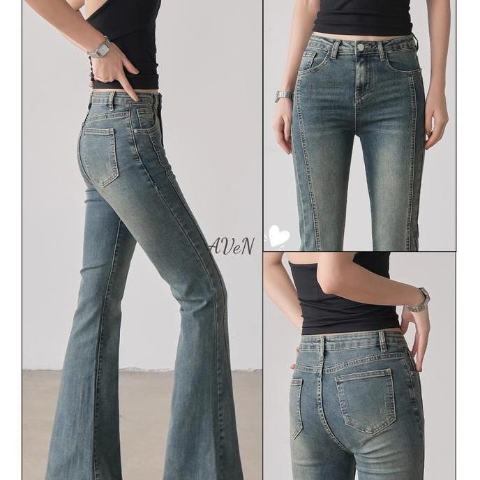 OOTD NEWFlared Jeans Highwaist Jeans Loose - Celana Jeans Cutbray Strecht Kekinian Retro Blue 8838 O