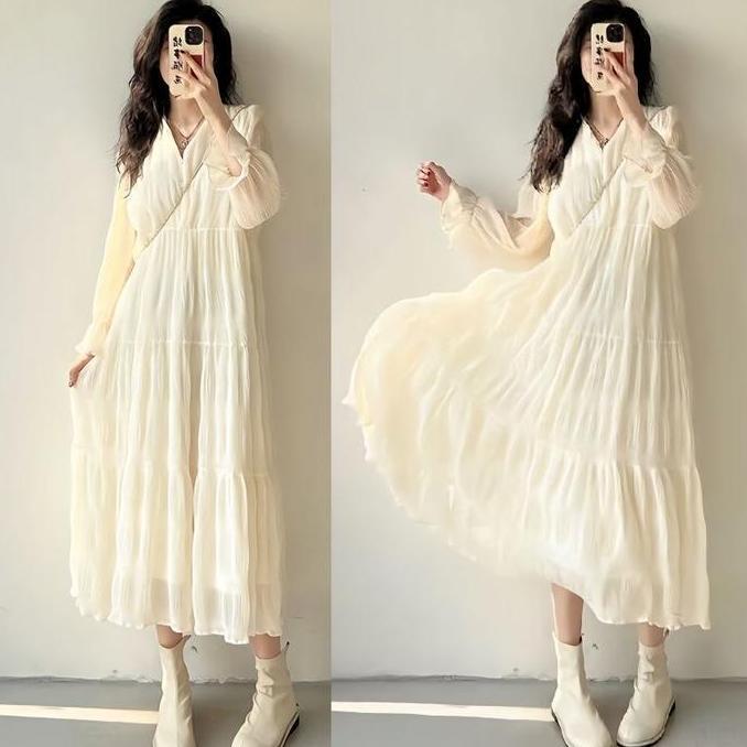 ovanjami90 - gaun wanita cream sifon lengan panjang warna putih casual long dress home dress busui m