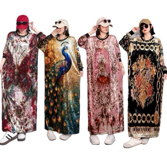 ovanjami90 - long dress velvet bludru lengan panjang motif jumbo wanita
