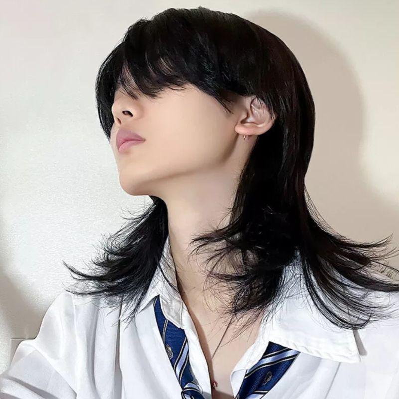 Wig Pria Mullet Ekor Srigala Wig Pria Rambut Palsu Mullet Panjang Kuncir