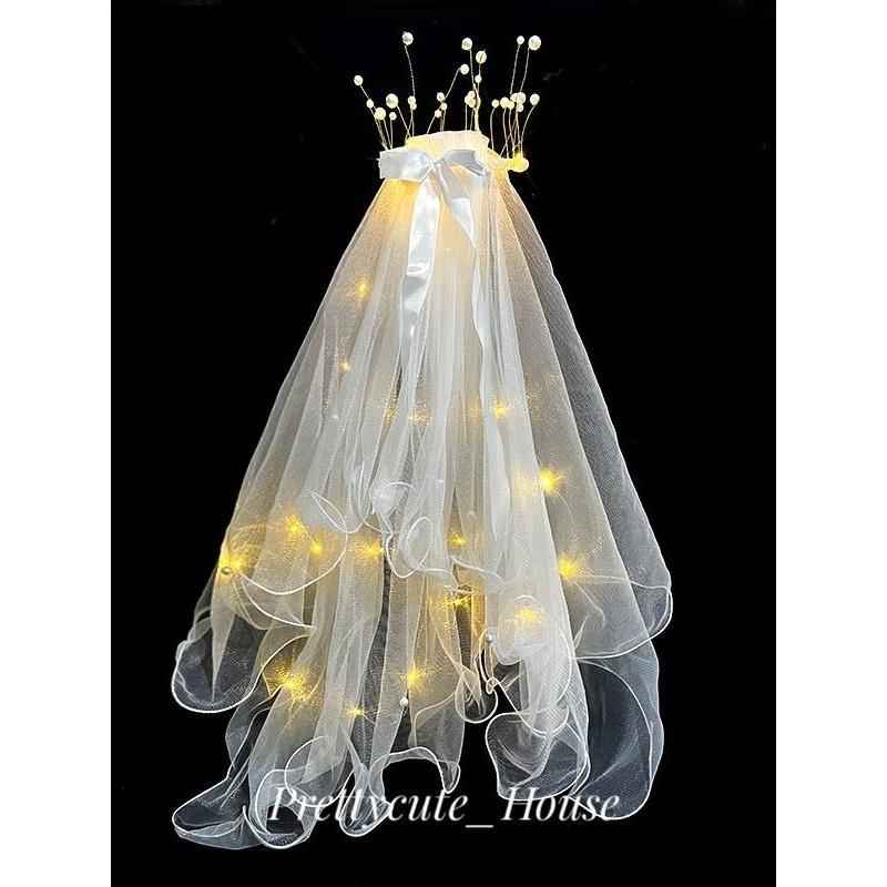 Mahkota Wedding Veil Glow In The Dark / Crown Kain Veil Pengantin + Jepitan Penutup Kepala Hiasan He