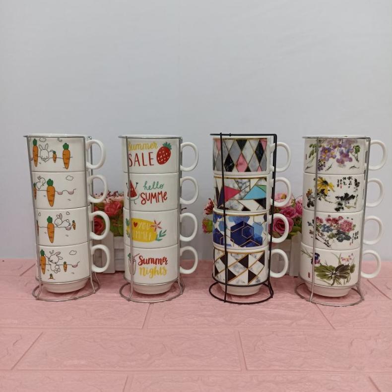 Mug Keramik 4 Susun Rak 150 Ml Motif Lucu