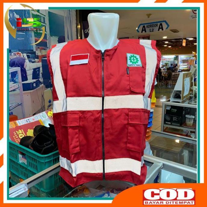 Rompi Safety Proyek Bahan Kain American Drill Free Logo K3 - Safety Vest K3 Merah