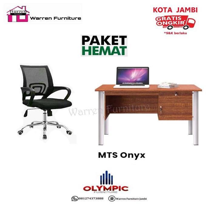 Terlaris Set Meja Kantor Kaki Besi Onyx + Kursi Putar Jaring "Olympic"