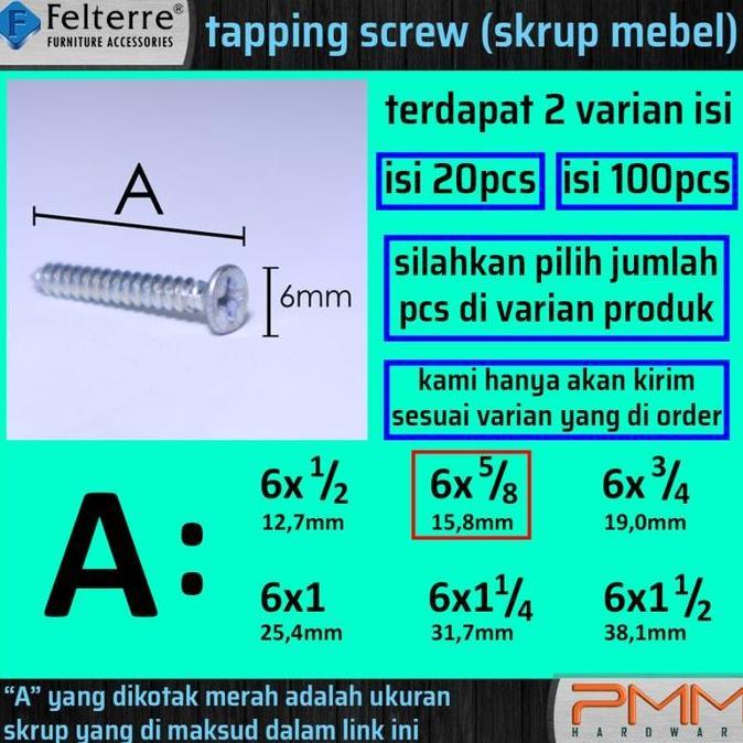 6 x 5/8 in=20 MOONLION/ FELTERRE TAPING SCREW SKRUP SEKRUP ALUMINIUM