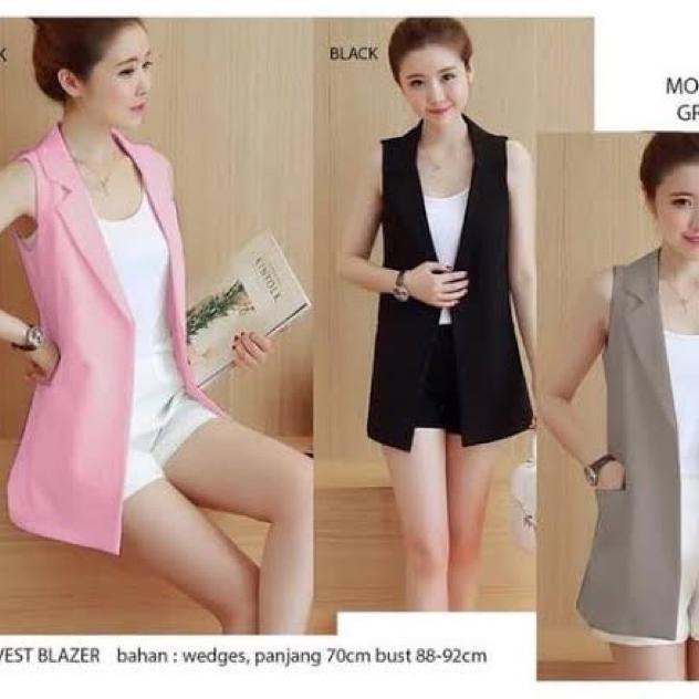 Outer Vest Blazer Berkantong Premium/ Blazer Tanpa Lengan Wanita / Rompi Long Vest Blazer Hitam Puti
