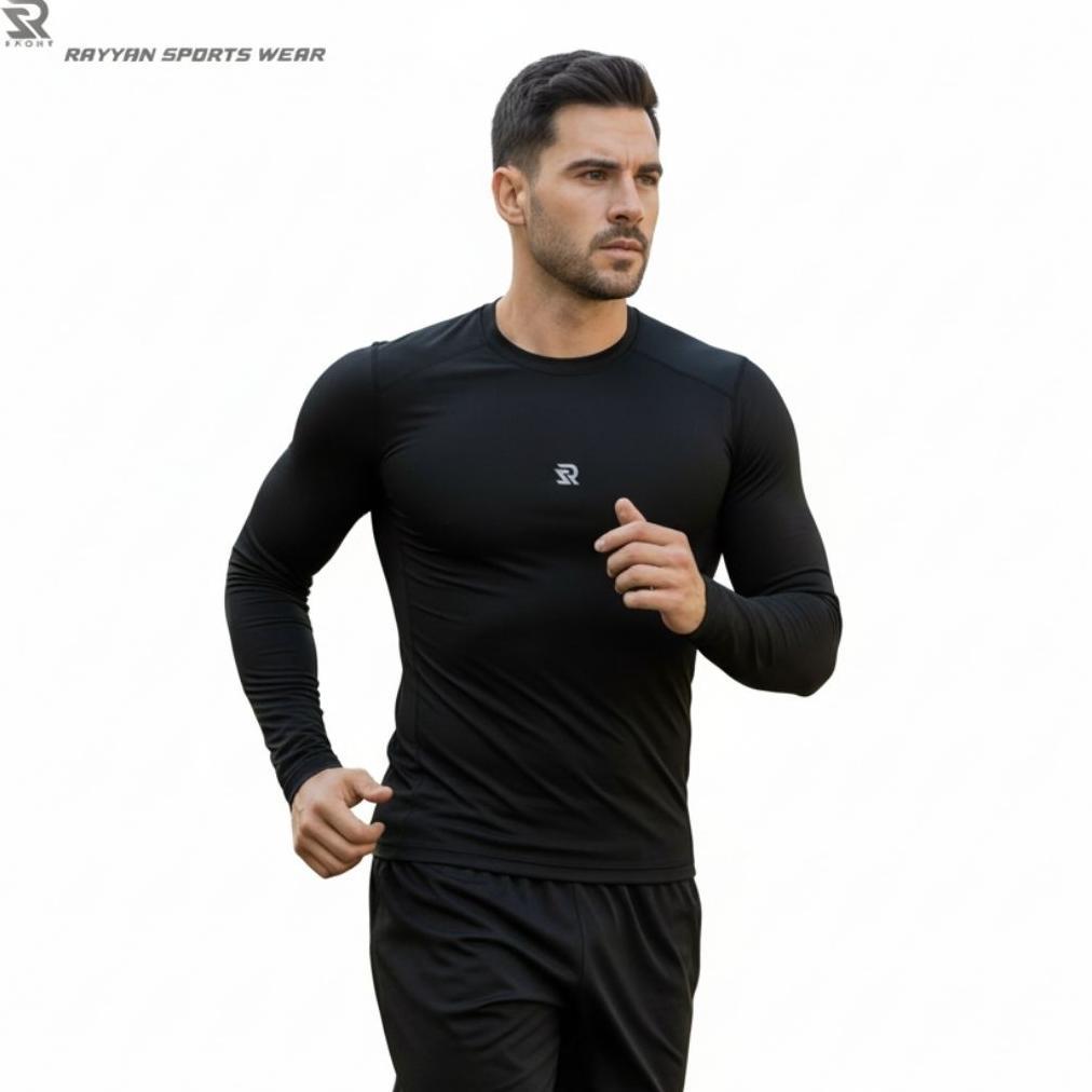 Rayyan Sports Wear | Manset Baselayer Pria Lengan Panjang Leher Pendek Stretch Fit,Manset Gym Pria O