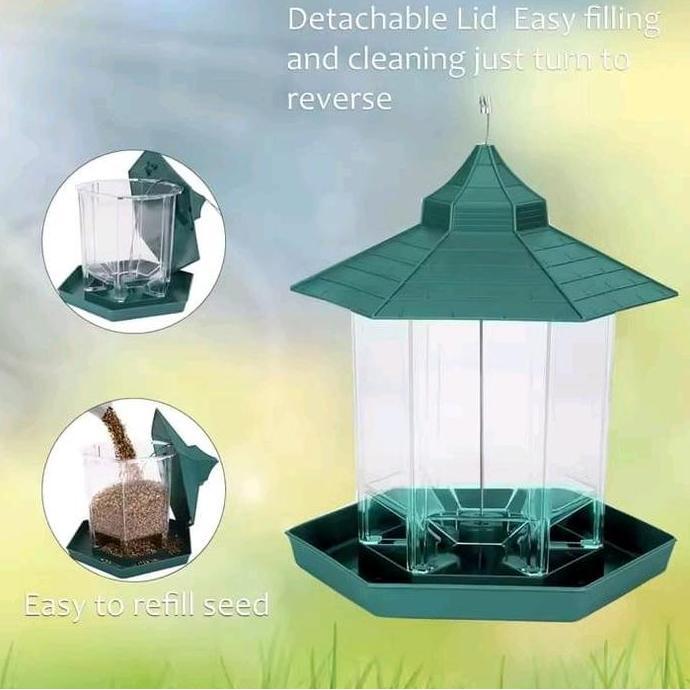 Rumah Gazebo Gantung Tempat Makanan Burung Liar Hijau PP+PSS 19x23cm Kapasitas 500ml untuk Dekorasi 