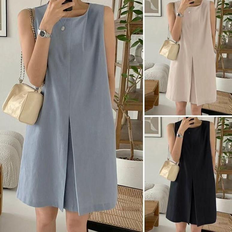 Unik Ezola Midi Maxy Dress Wanita Basic Korea Tanpa Lengan Matt Linen Premium Ootd Fashion Remaja Te