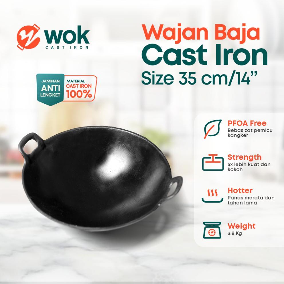 Wajan Baja Cor Seasoned 14 (35Cm) Tebal / Kuali Besi Cor/ Wok Cast Iron / Wajan Penggorengan