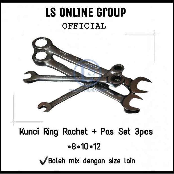 Kunci Ring Rachet + Pas Set 3pcs