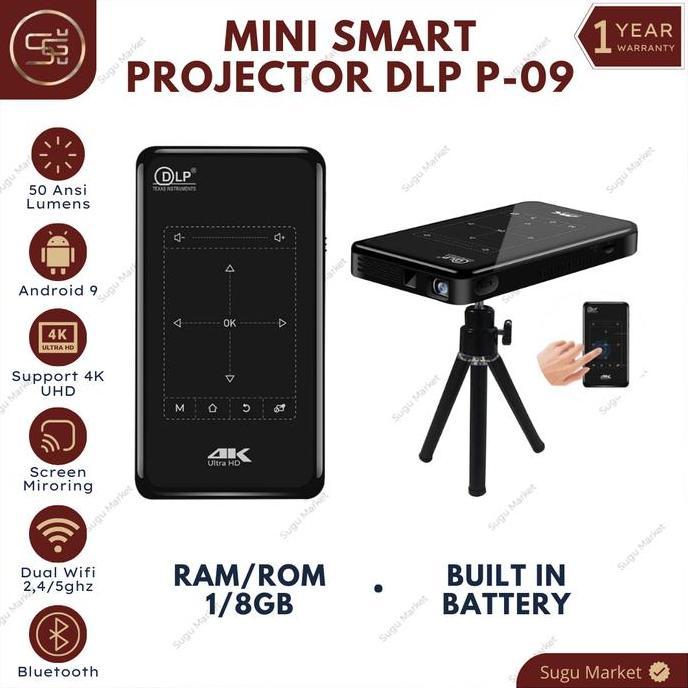 Projector DLP P09-II Mini DLP Proyektor 4K HD 50ANSI Lumens 1GB / 8GB
