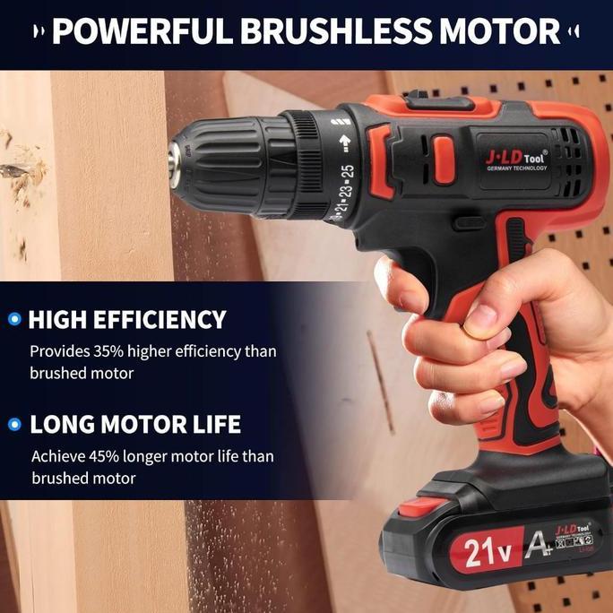 Jld Mesin Bor Baterai 21V 10Mm Cordless Drill Variable Speed 25+1 Torque Setting Bor Beton Kayu Temb