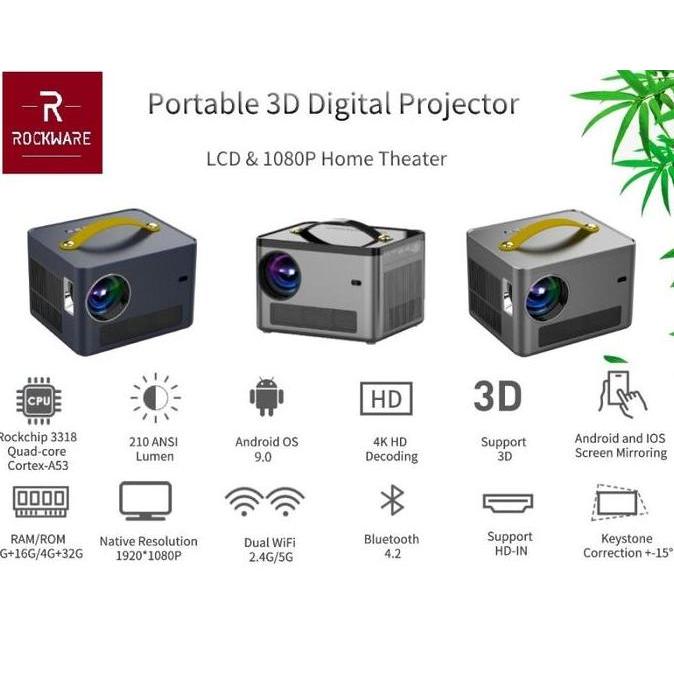 Proyektor Rockware Gt One Android 9.0 Projector 210 Ansi Lumens