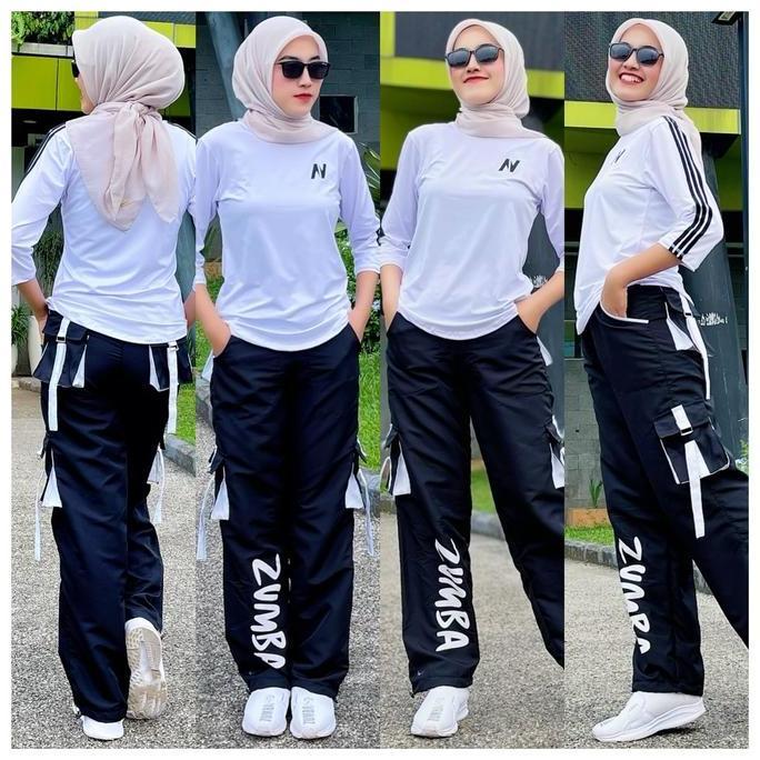 Memiaw89 - Setelan Senam Dan Olahraga Set Atasan N Putih Lis Hitam Dengan Celana Senam Cargo Zumba P