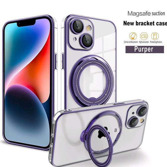 Magsafe Case Magnetik Kick Stand 360 Ring Silicone SoftCase For iphone 14 Plus - iphone 15 Plus CLEA