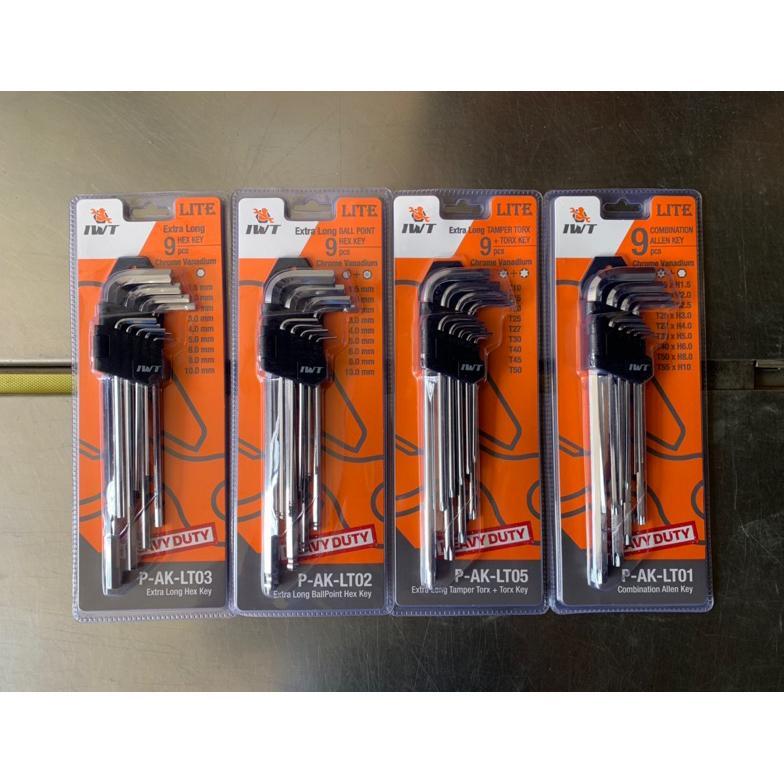 Kunci L set panjang 9 pcs IWT LITE JAPAN HEX-HEX/FLAT-BALL/TORX-TORX/FLAT-TORX HEAVY DUTY EXTRA LONG