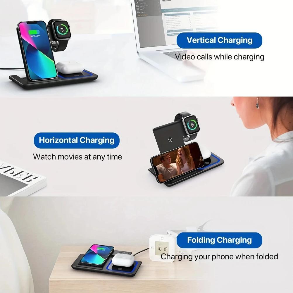 NEW PROMO 3 In 1 Wireless Charger Foldable Charging Station LED For Mobile Phone iPhone 15 14 13 12 