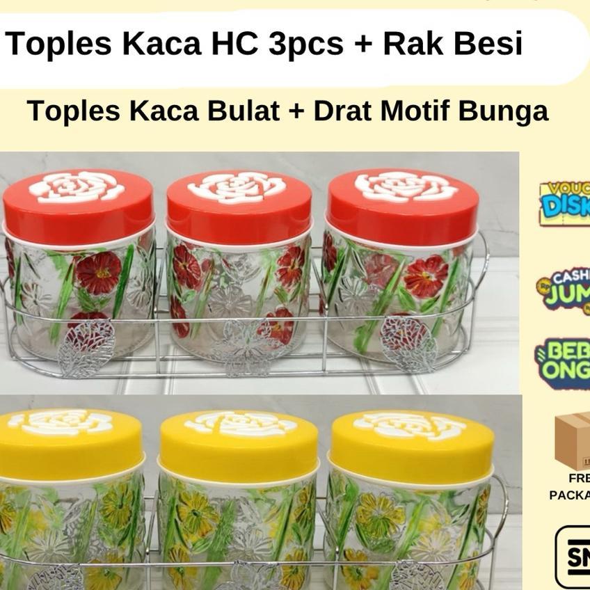 Toples Set Kaca 3 Pcs Hc+ Rak Besi/Toples Lebaran Toples Natal Motif Bunga