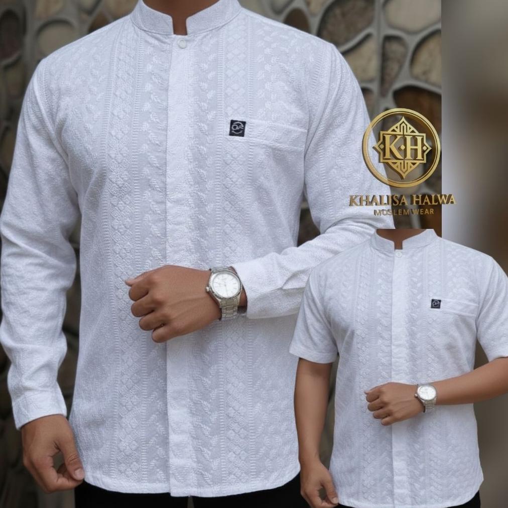 Koko Bordir Full Katun Paris Putih Bersih Model Panjang Pendek | Koko Pria Putih