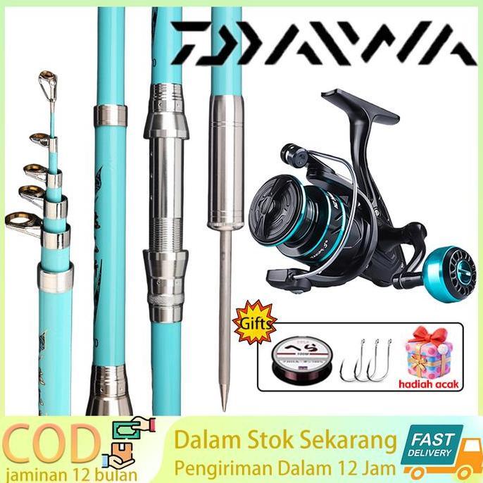 DAIWA Set Pancing Joran Karbon 2.1-4.5m Dengan Pasak Pengunci Reel Spinning Teleskopik Anti Patah
