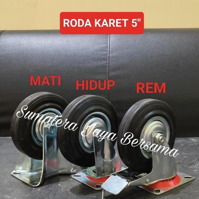 Roda troli 5 inch karet hitam Mati Hidup Rem Caster Kastor 5" Trolley