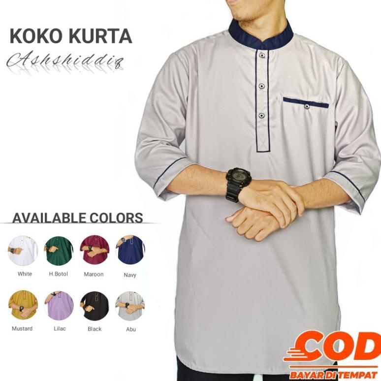 New Koko Kurta Ashshiddiq - Baju Koko Kurta Pria Dewasa Lengan 3/4 Warna Mustard Putih Hijau Botol M