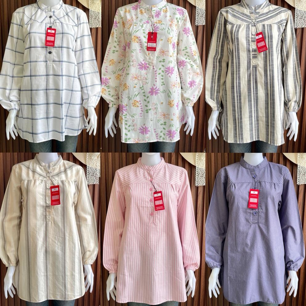 Tunik 3C Blouse Wanita Motif Kotak & Bunga Kerah Shanghai Katun Premium & Rayon | Atasan Lengan Panj