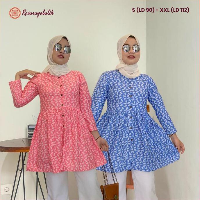 [] Rasaraya Batik Emily Tunik Wanita Katun - Atasan Batik Warna Pink Biru Pastel Busui Friendly
