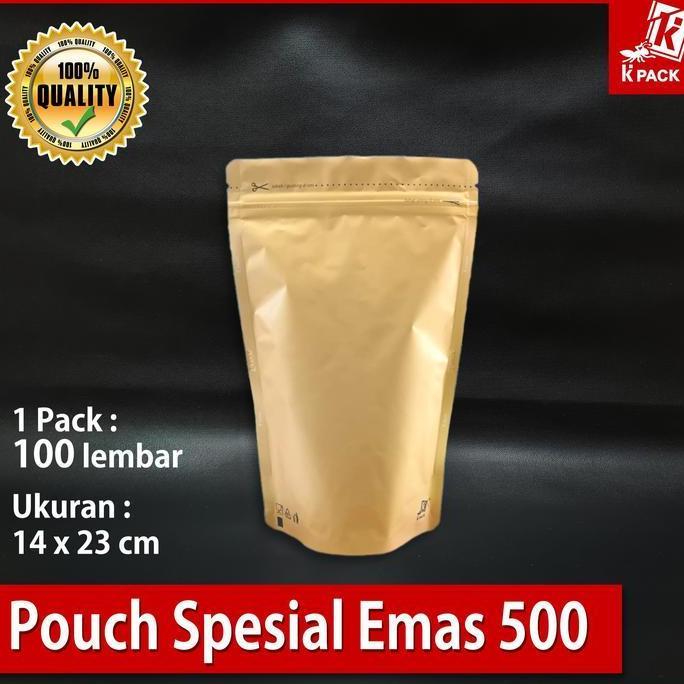 (100 Pcs) Kemasan Standing Pouch 14X23 Foil Gold Emas Doff Matte Ziplock Klip 500 G Kpack