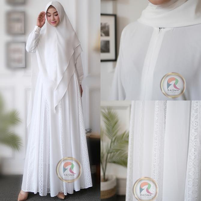 Khza- Raisma - Zubaidah Gamis Putih Syari Model Pecah12 Ceruti Jilbab Ceruti Jilbab Muslim Simple