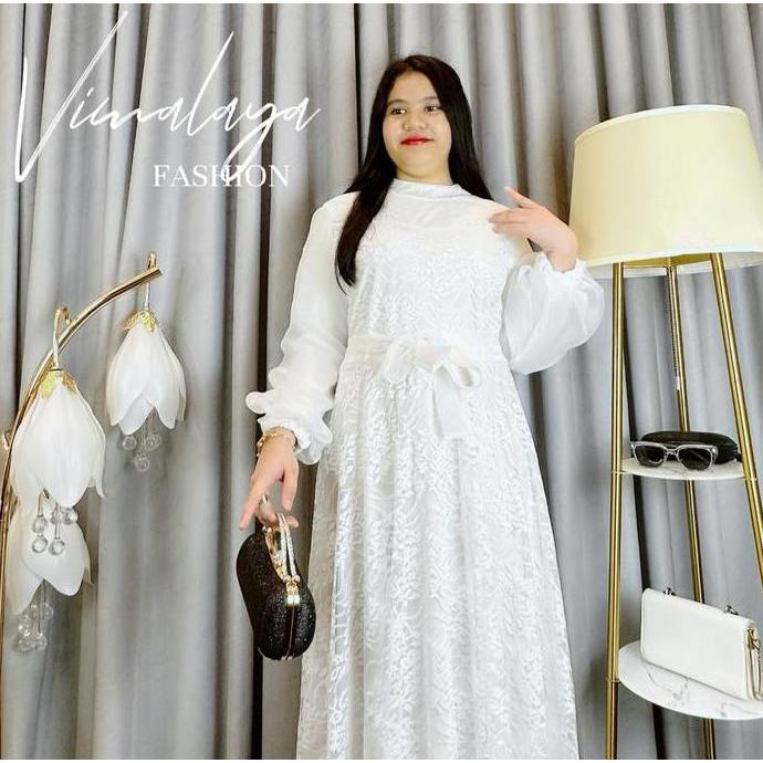 Khza- Gamis Brokat Putih Kombinasi Organza 6291 Baju Muslim Vima