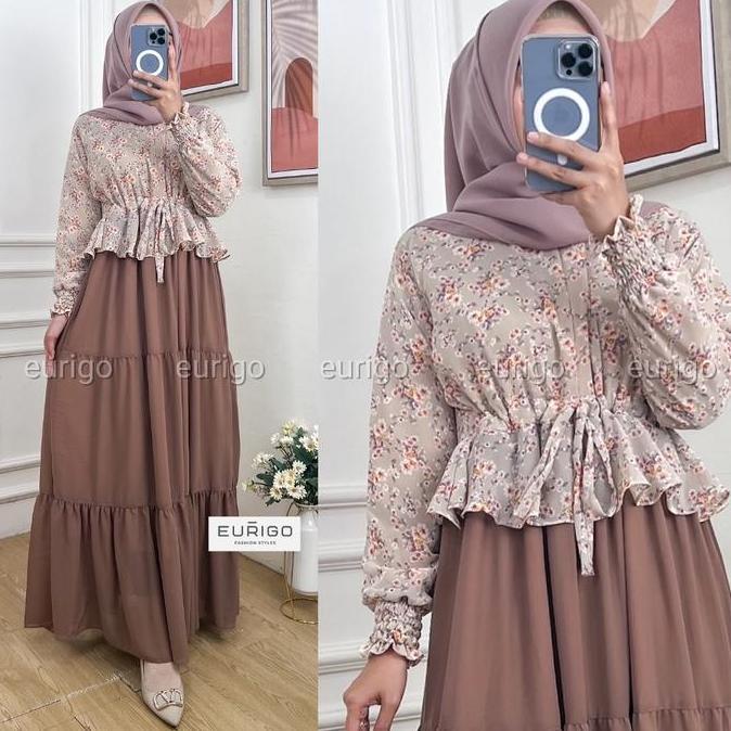 Khza- Tiara Maxy - Gamis Nita Ceruty Full Furing Resleting Depan Serut Pinggang / 563-7271 Maxi Dres