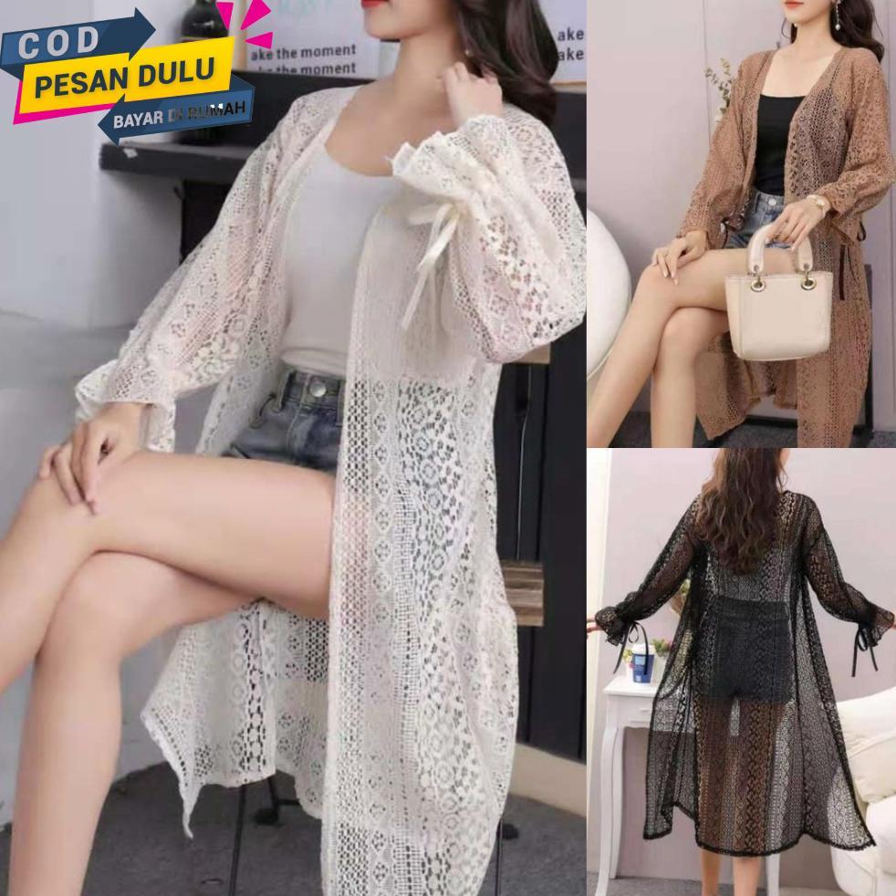 Long Outer Cardigan Putih korean style Jumbo Lengan Panjang Pita / Busana pantai