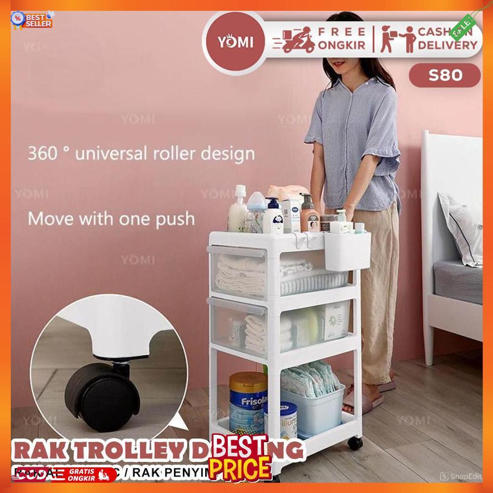 Terlaris Yomi- Rak Trolley Dorong S80/ Rak Aesthetic / Rak Penyimpanan Bayi / Laci Penyimpanan / Cab