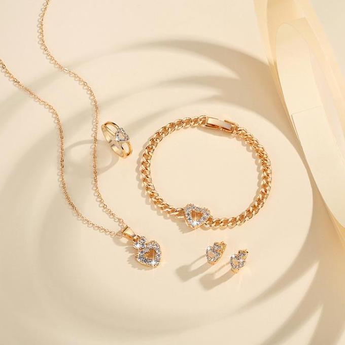 LM904 Set Anak-Anak love kristal Kalung Gelang Anting Dan Cincin Anti Luntur Aksesoris Fashion Anak 