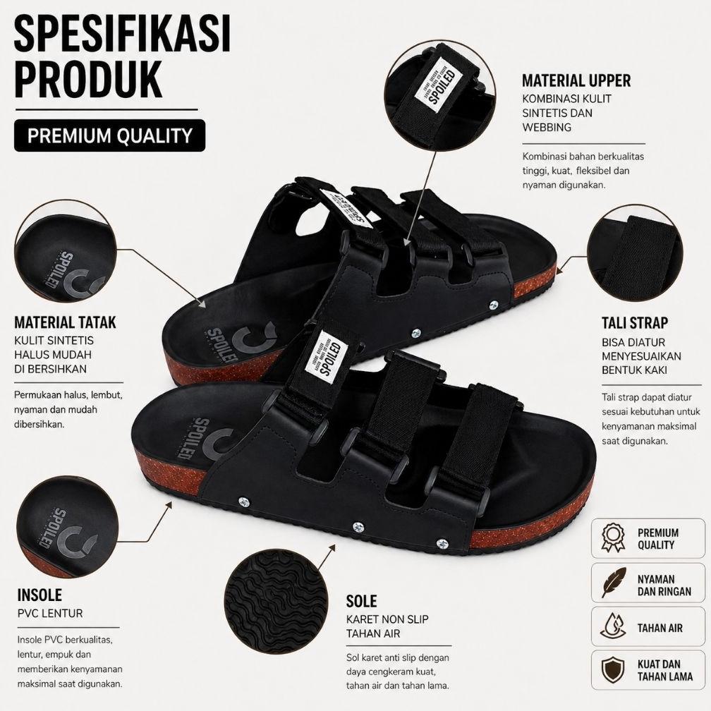 Best Seller Spoiled Sandal Pria Casual Tali 3 Kulit Sintetis Tali Adjustable Hitam Coklat Ride Ukura