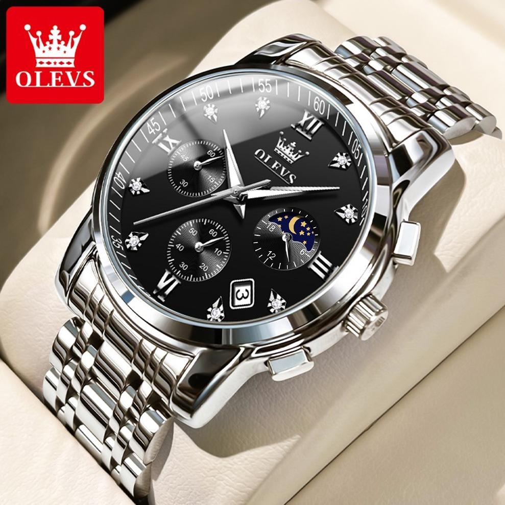 OLEVS Jam Tangan Pria Anti Air Original Stainless Steel Chrono Aktif Cowok Luminous Kalender Analog 