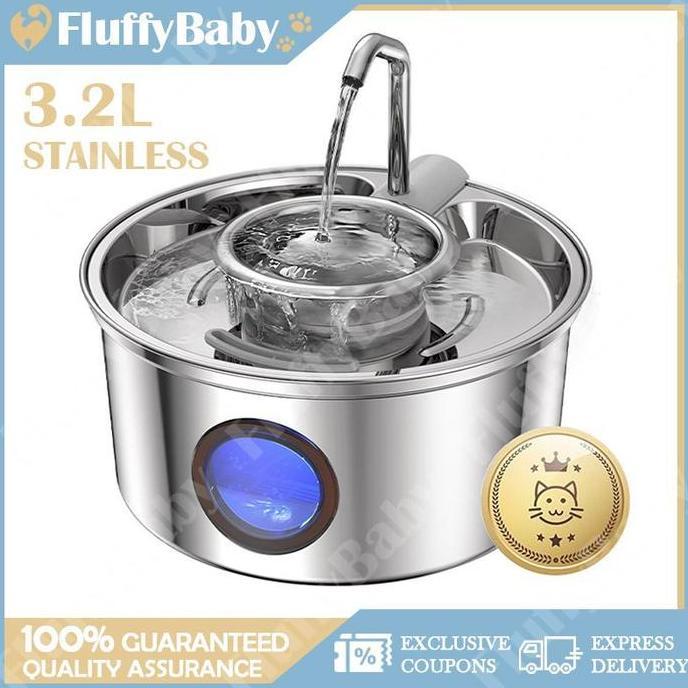 3.2L Water Fountain Kucing Stainless Tempat Minum Kucing Otomatis Pet Water Fountain Tempat Minum Ku