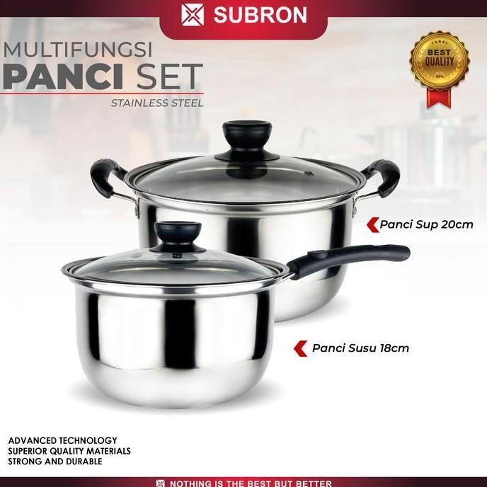 Subron Panci Susu 18Cm + Panci Sup 20Cm Set Panci Stainless Tutup Kaca