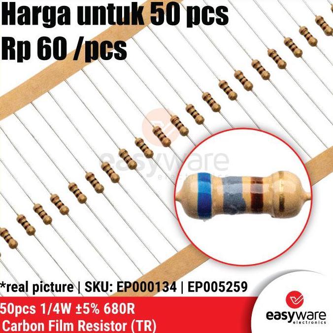 50PCS RESISTOR 680 OHM 1/4W 5% CARBON RESISTOR 680R 0.25W 0.25 WATT RESISTOR 5% EWE27